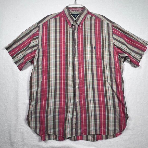 VTG Ralph Lauren MCMEEL Mens XL Button Up Red Gray Short Slv Dress Shirt w/Pony - Picture 1 of 13